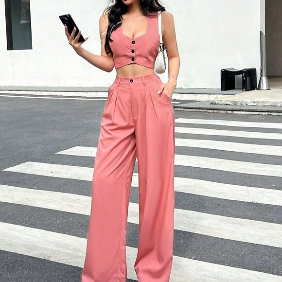 Pink Casual Women's Sleeveless Single-Breasted Cropped Vest And Wide-Leg Pants - Picture 3 of 5